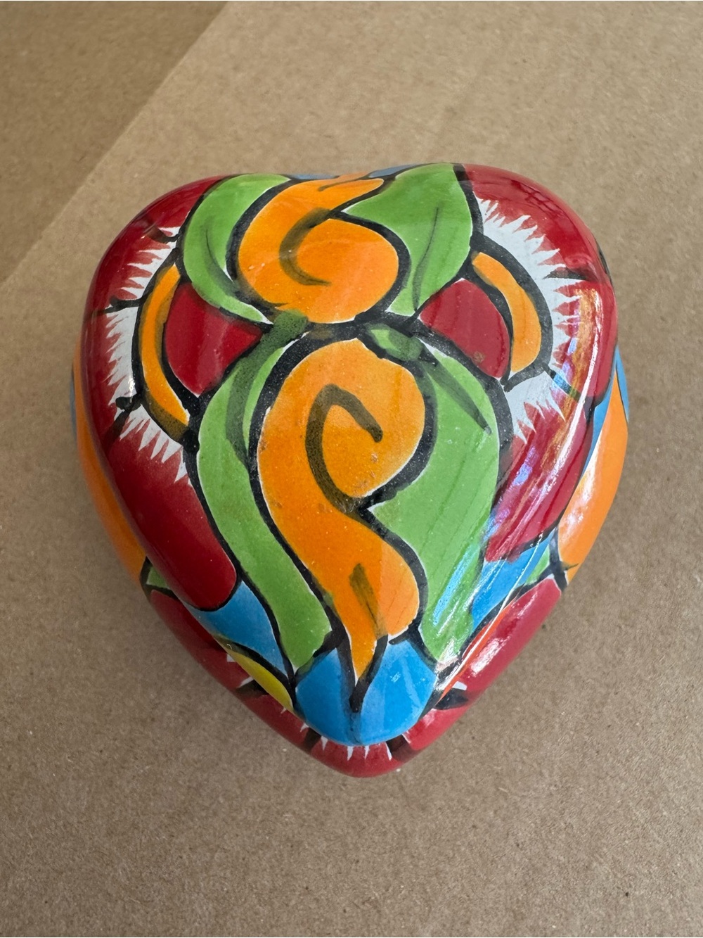 Heart Handmade Ceramic Box in Red, Green & Orange, jewelry or trinket bowl